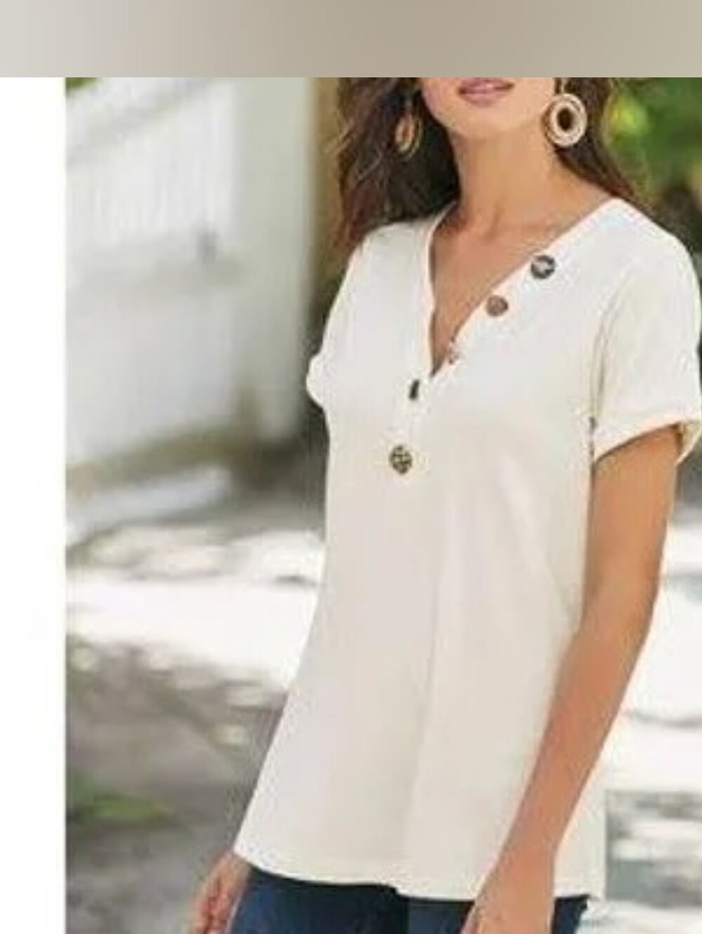 Soft Surroundings White Mixed Button-Accent V-Neck Tee